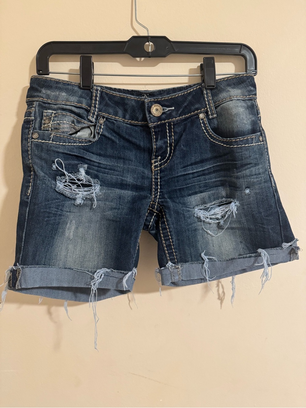 Almost Famous Distressed Dark Blue Denim Jean Shorts